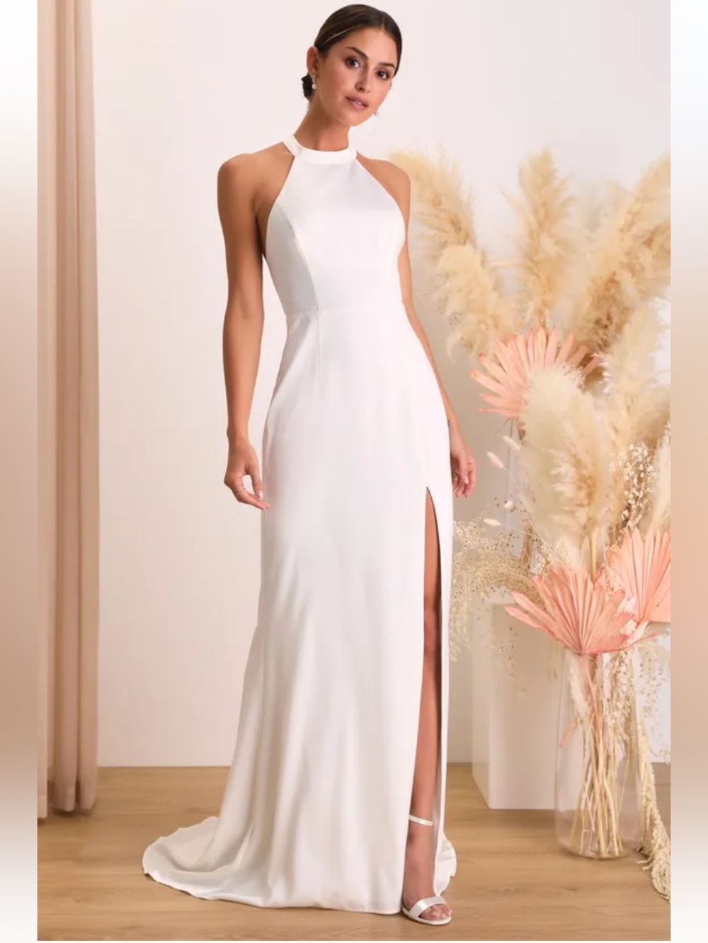 Lulu's White Halter Neck Wedding Gown with Thigh Slit